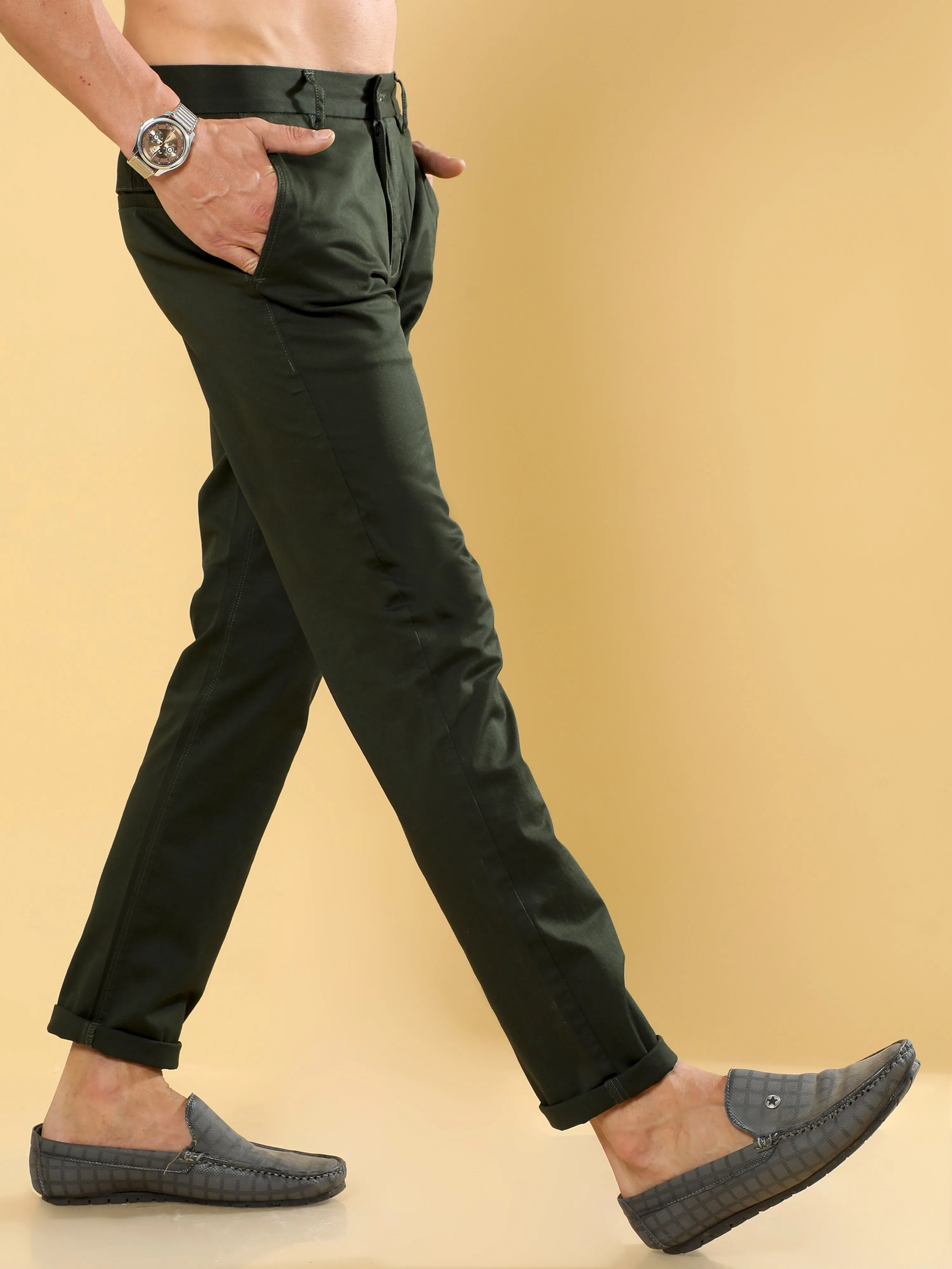 Cotton Dobby Dark Olive Lycra Chino