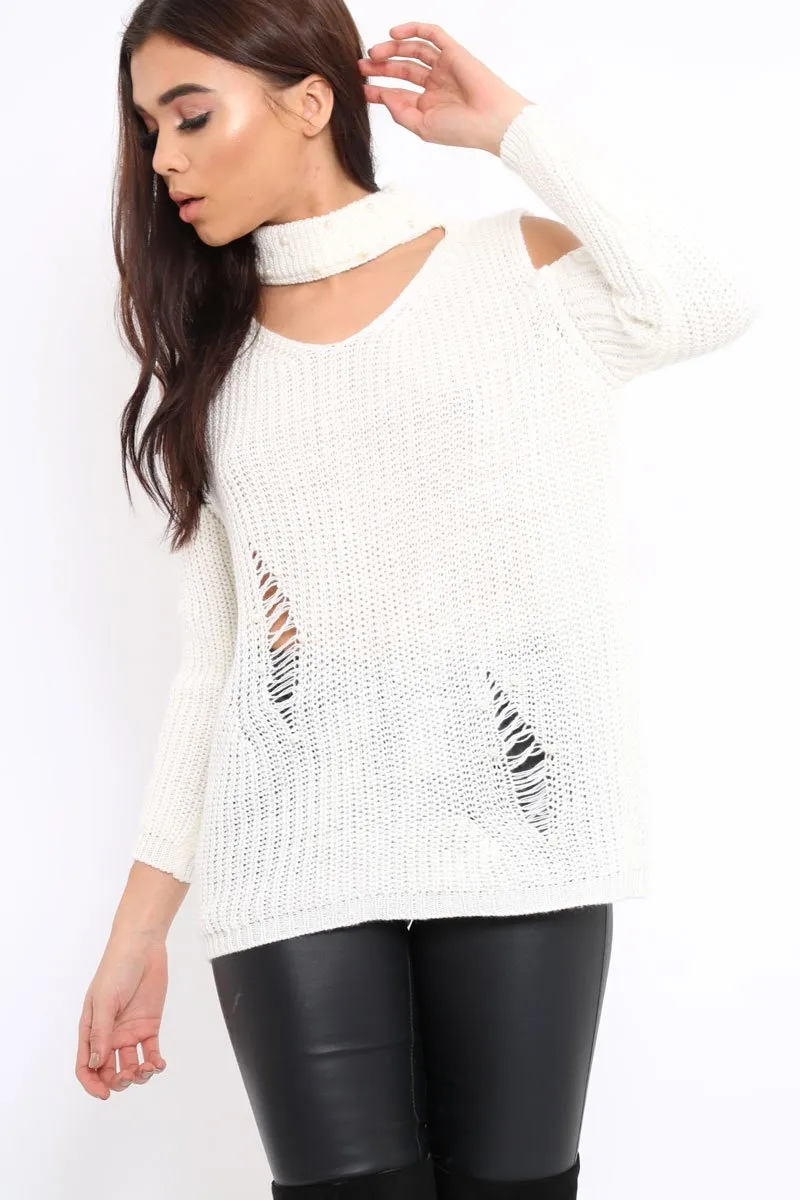 Cream Distressed Pearl Chunky Knit Jumper - Narla