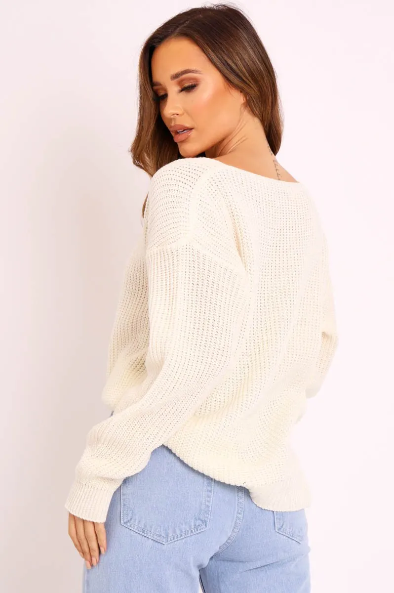 Cream Knit Plunge Neckline Jumper - Roselie