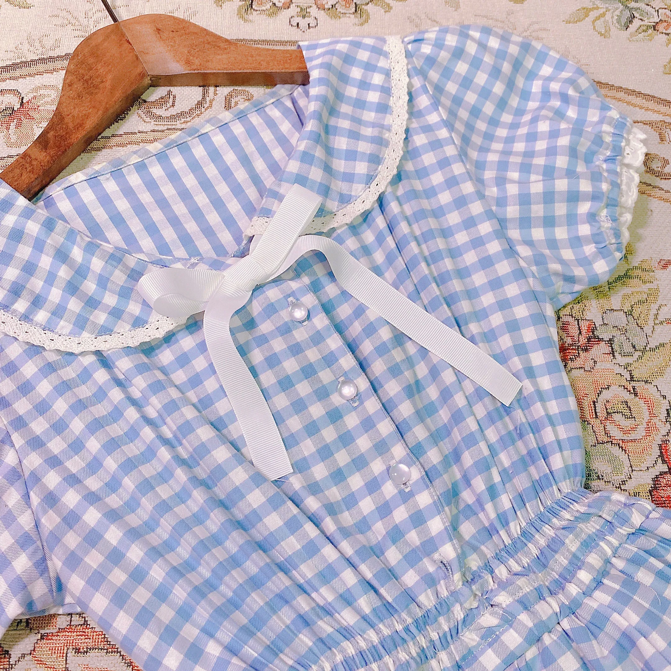 [Customized] Cloud Sailor Blue Gingham Babydoll Dress