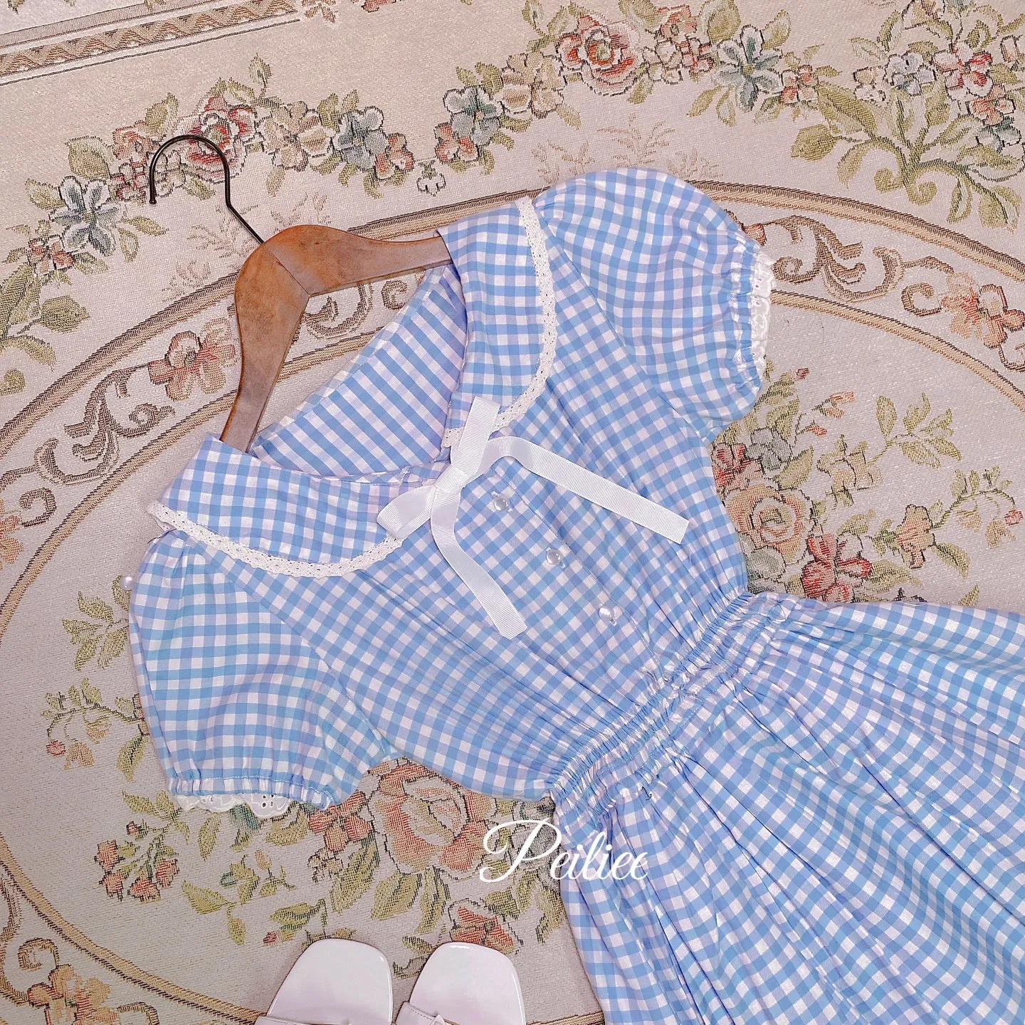 [Customized] Cloud Sailor Blue Gingham Babydoll Dress