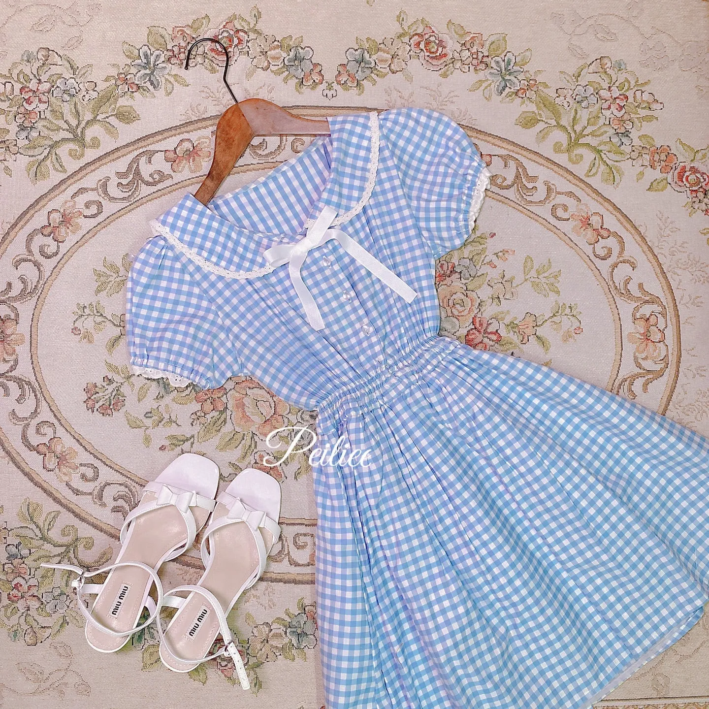 [Customized] Cloud Sailor Blue Gingham Babydoll Dress