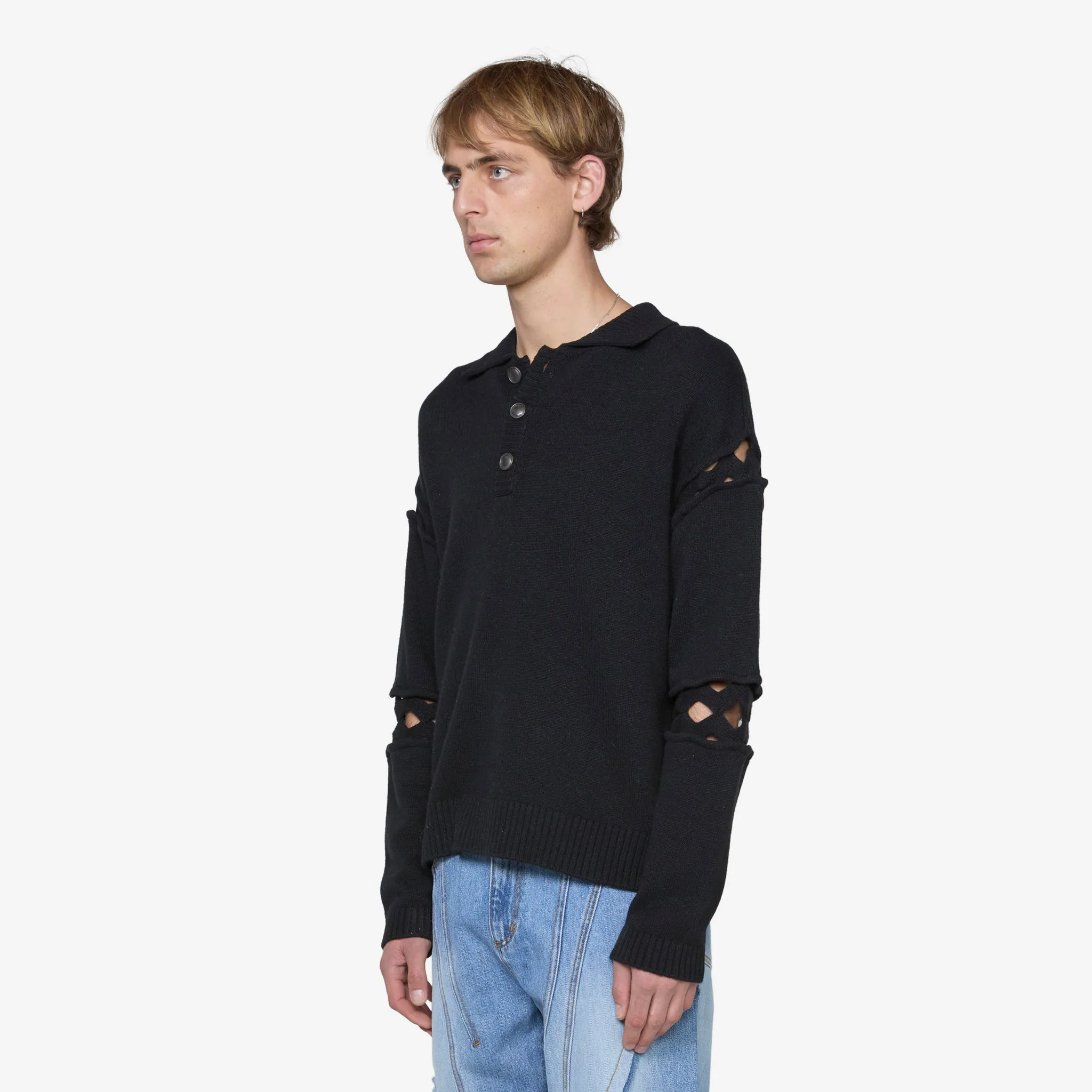 Cut Out Polo Sweater Black