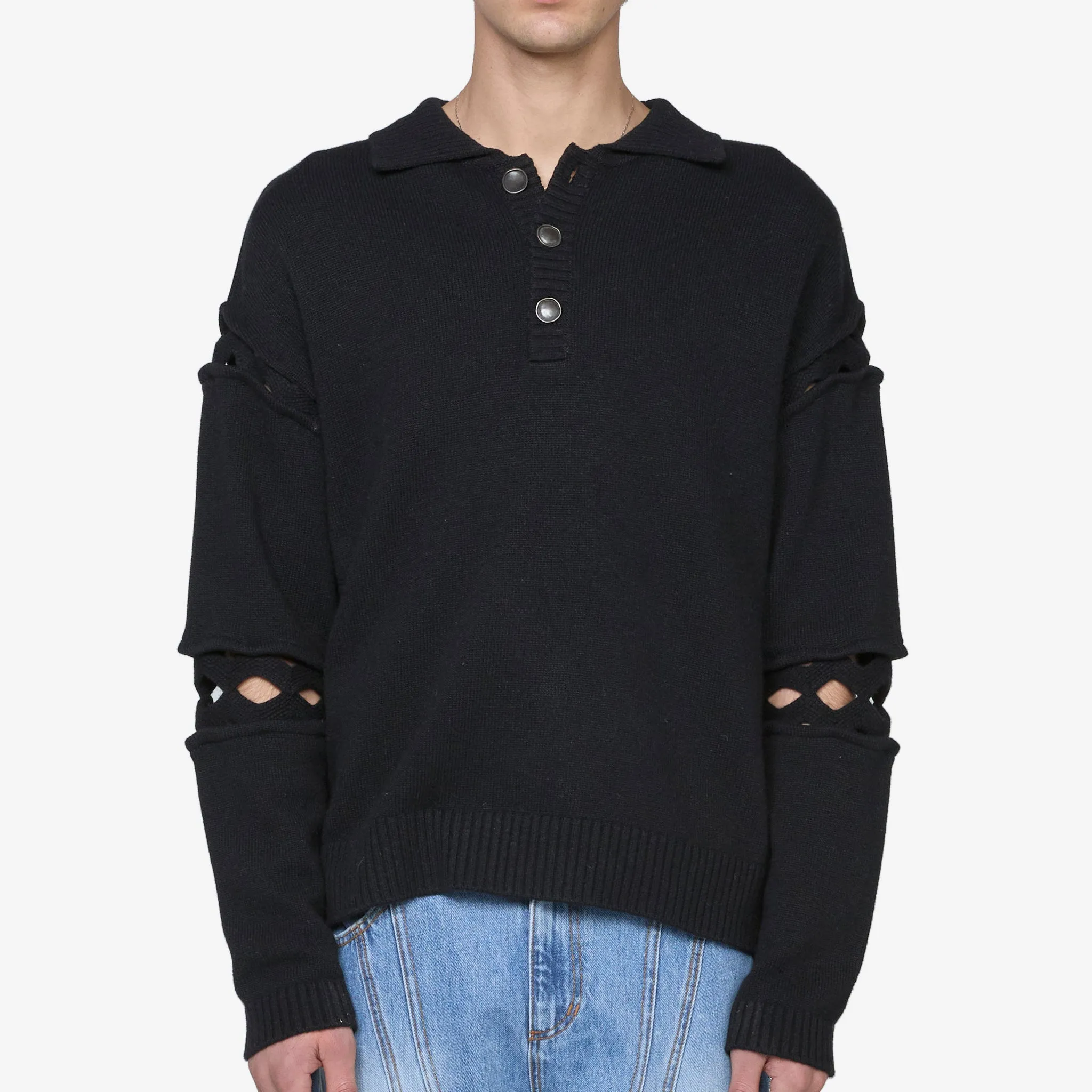 Cut Out Polo Sweater Black