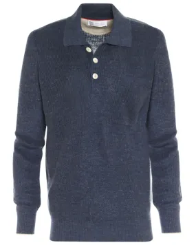 Dark Blue Linen Blend Long Sleeve Sweater Polo