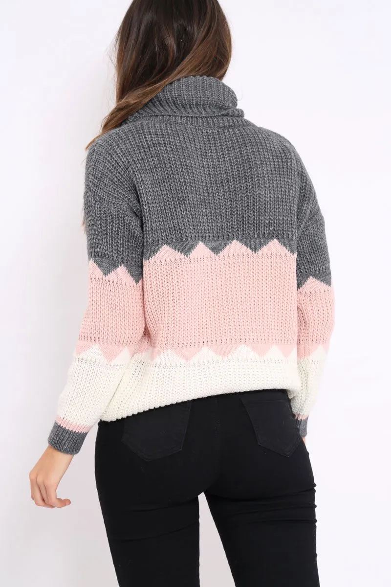 Dark Grey Rose and Cream ZigZag Patterned Roll Neck Jumper - Nataley