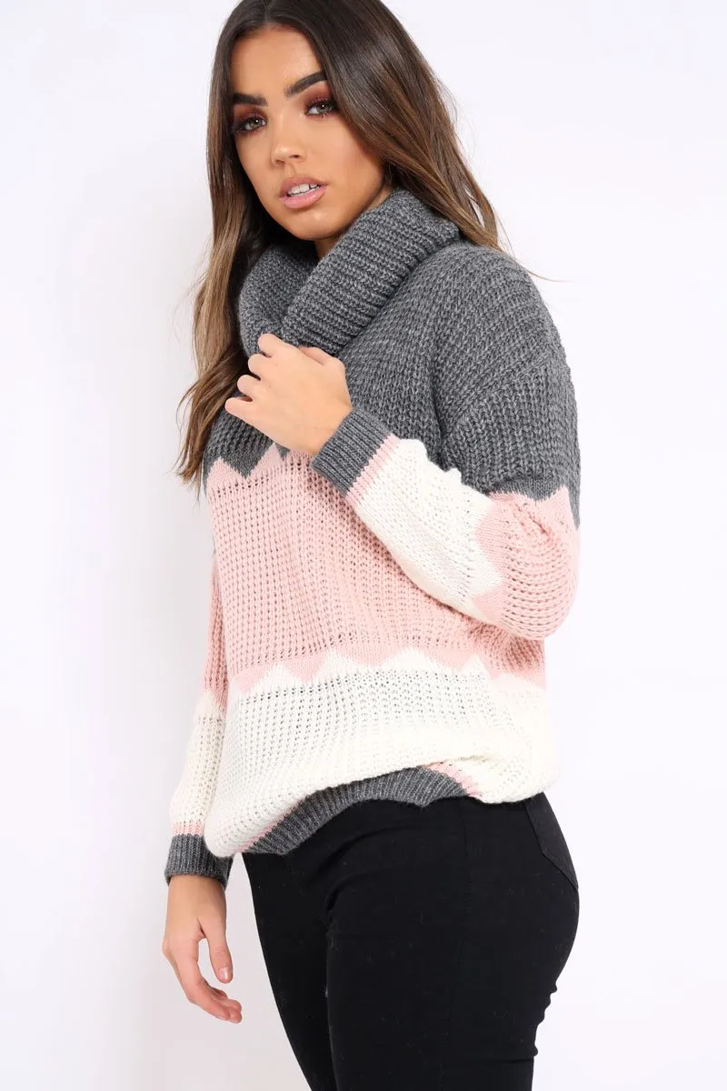 Dark Grey Rose and Cream ZigZag Patterned Roll Neck Jumper - Nataley