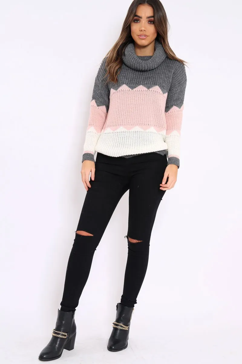 Dark Grey Rose and Cream ZigZag Patterned Roll Neck Jumper - Nataley