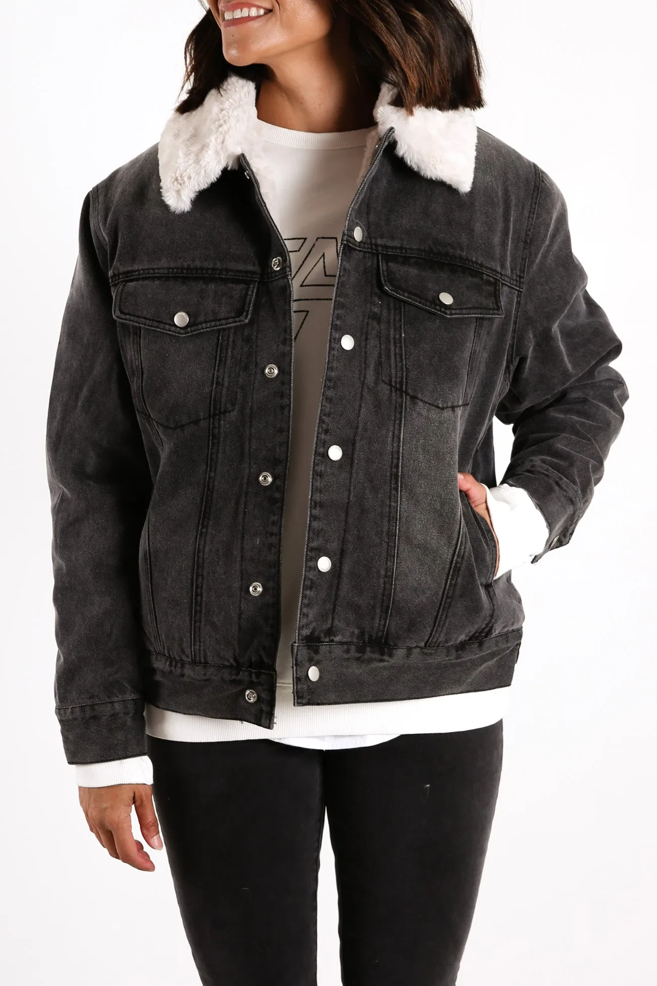 Denim Faux Fur Jacket Stone Wash