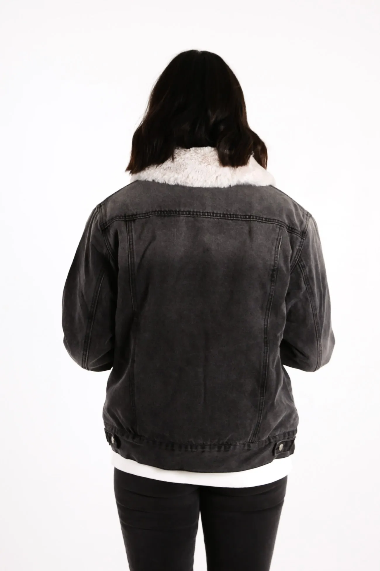 Denim Faux Fur Jacket Stone Wash