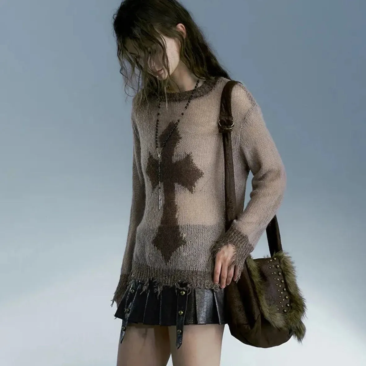 Distressed Grunge Cross Sweater