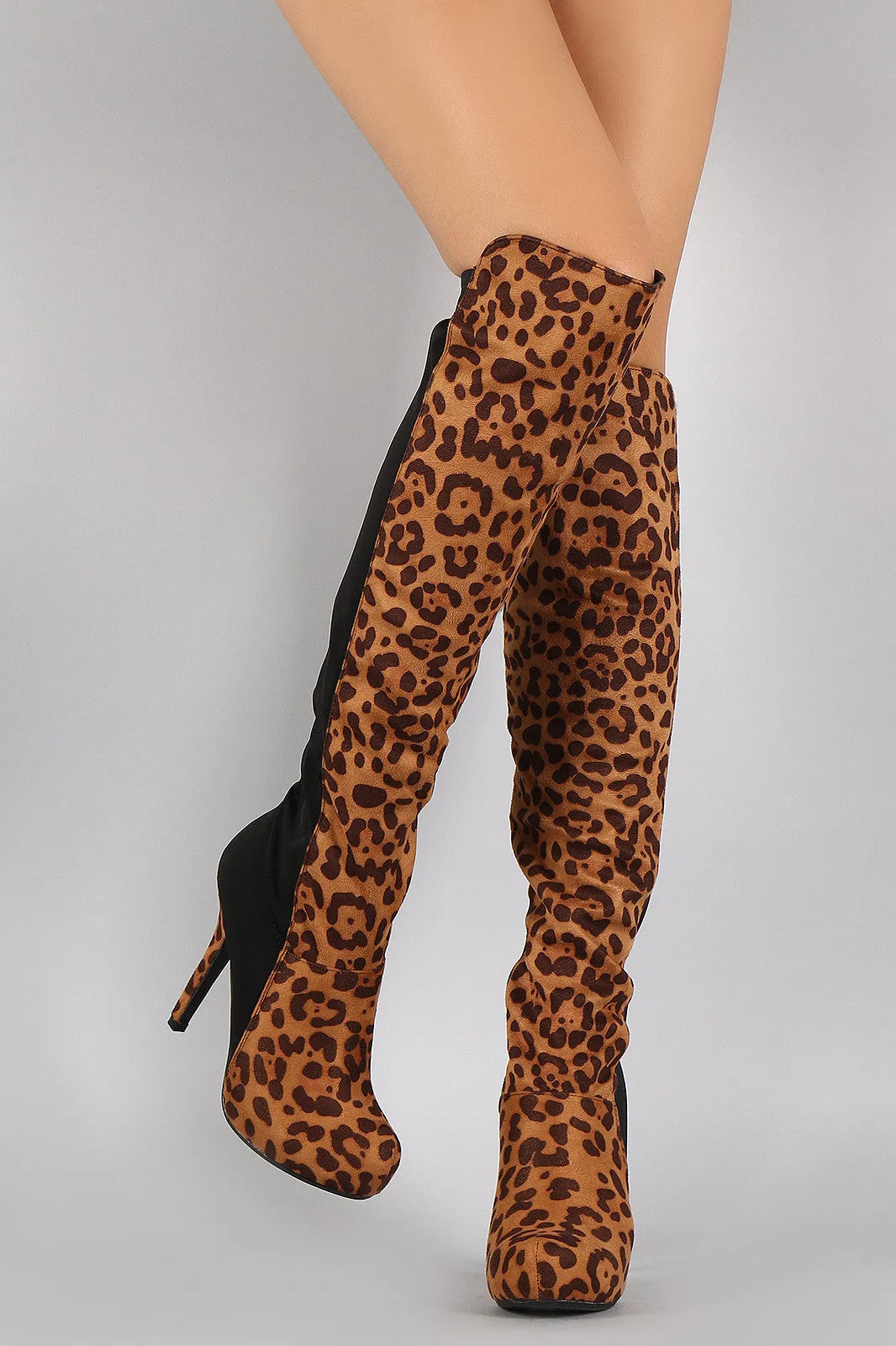 Dollhouse Leopard Contrast Panel Stiletto Over-The-Knee Boots