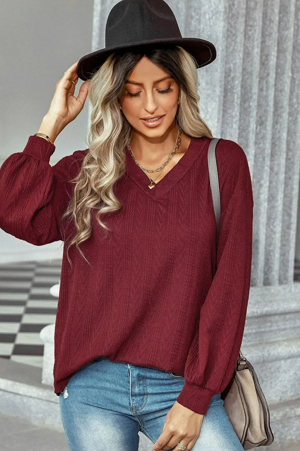 Dropped Shoulder Cable-Knit Top