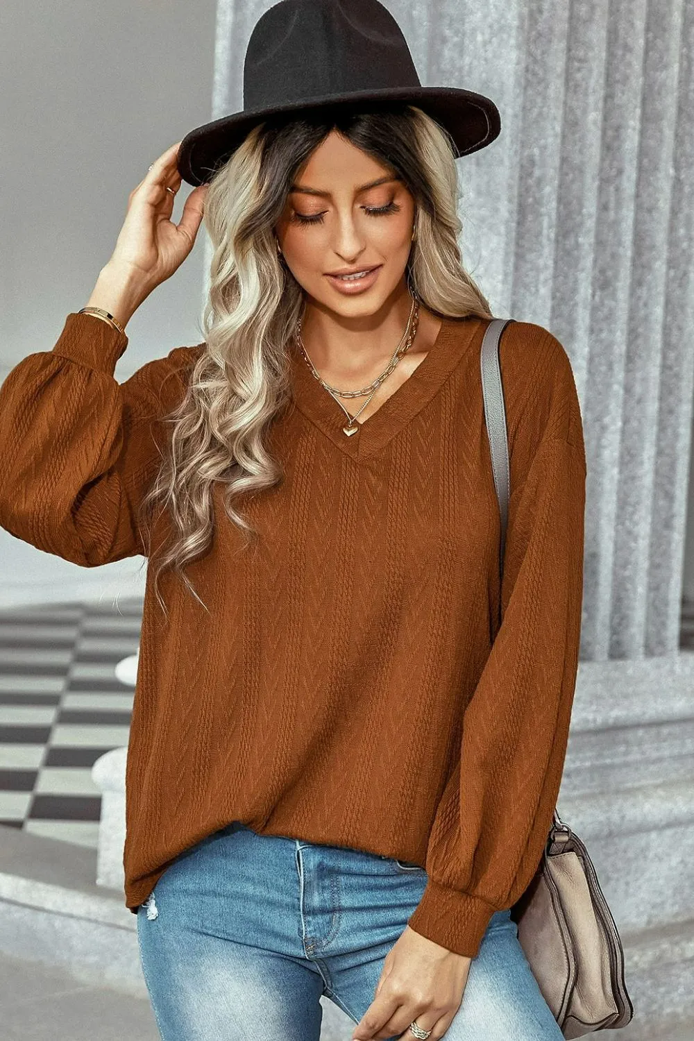 Dropped Shoulder Cable-Knit Top