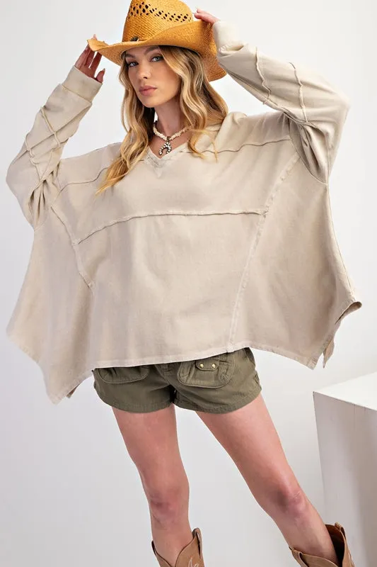 Easel Terry Washed Pullover Sharkbite Hem - Khaki