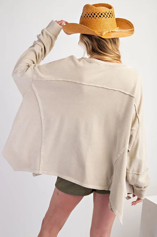 Easel Terry Washed Pullover Sharkbite Hem - Khaki