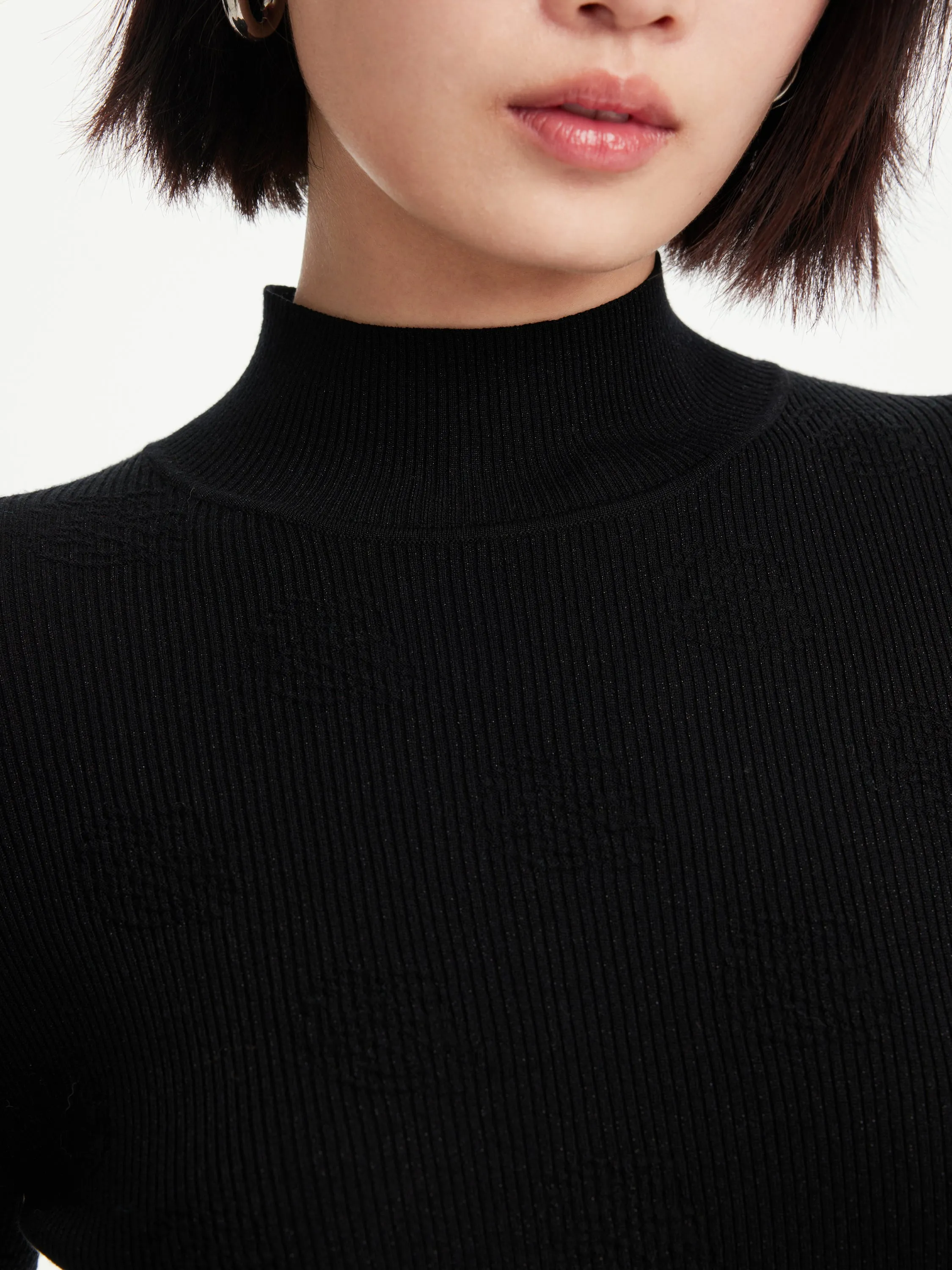 EP YAYING Semi-High Neck Black Knit Top