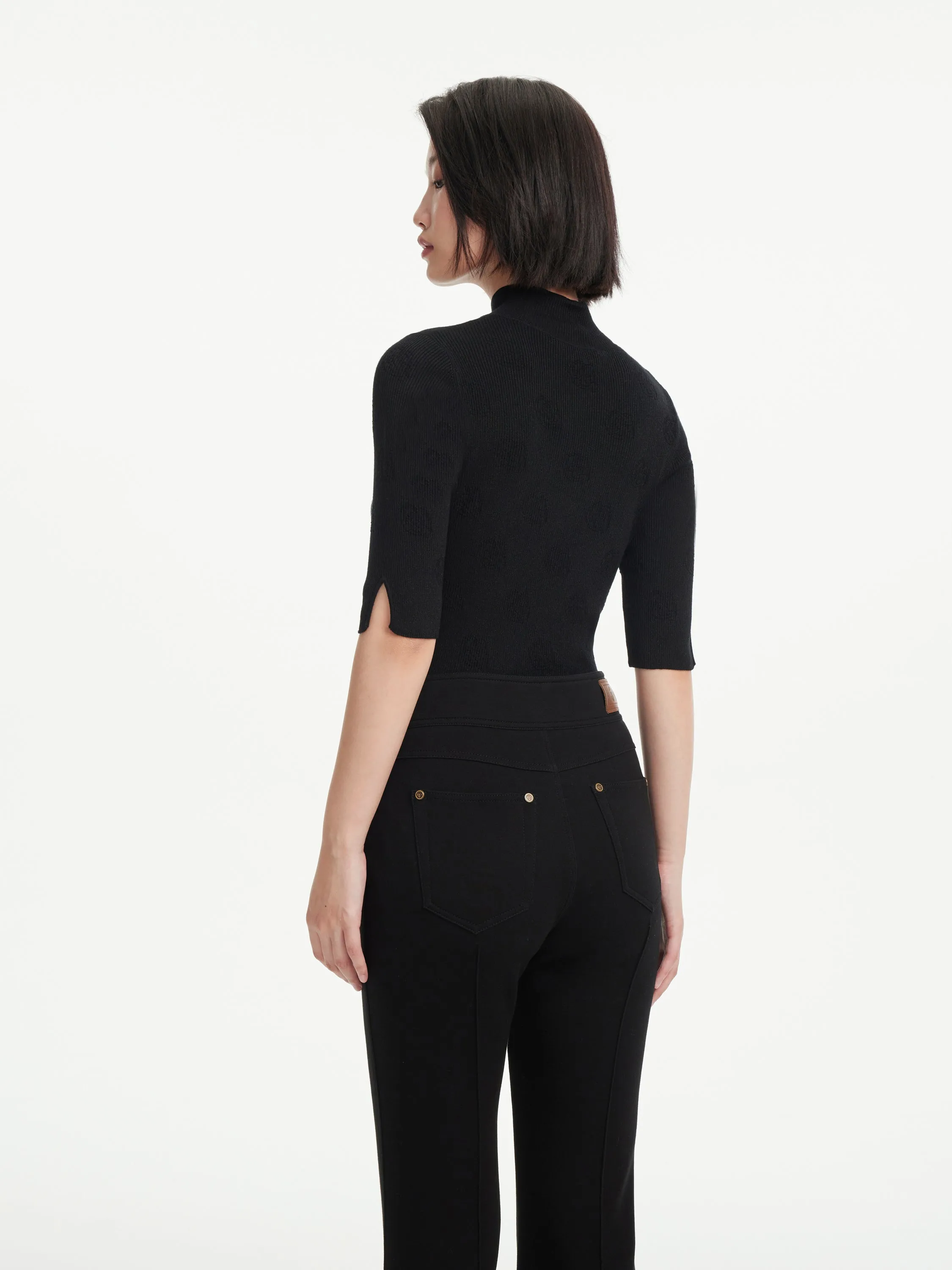 EP YAYING Semi-High Neck Black Knit Top