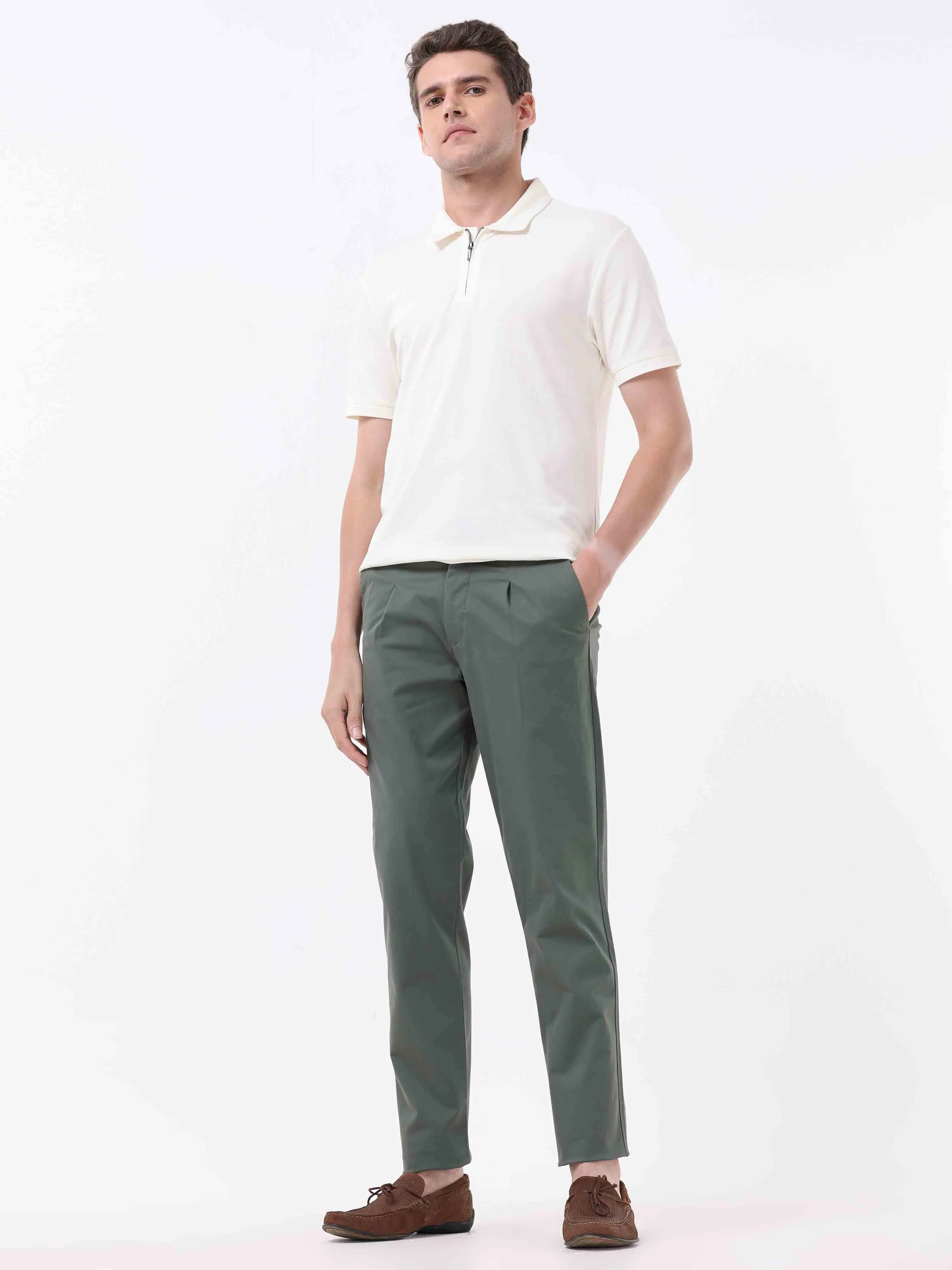 Essential Pleated Olive Fine Twill Pant