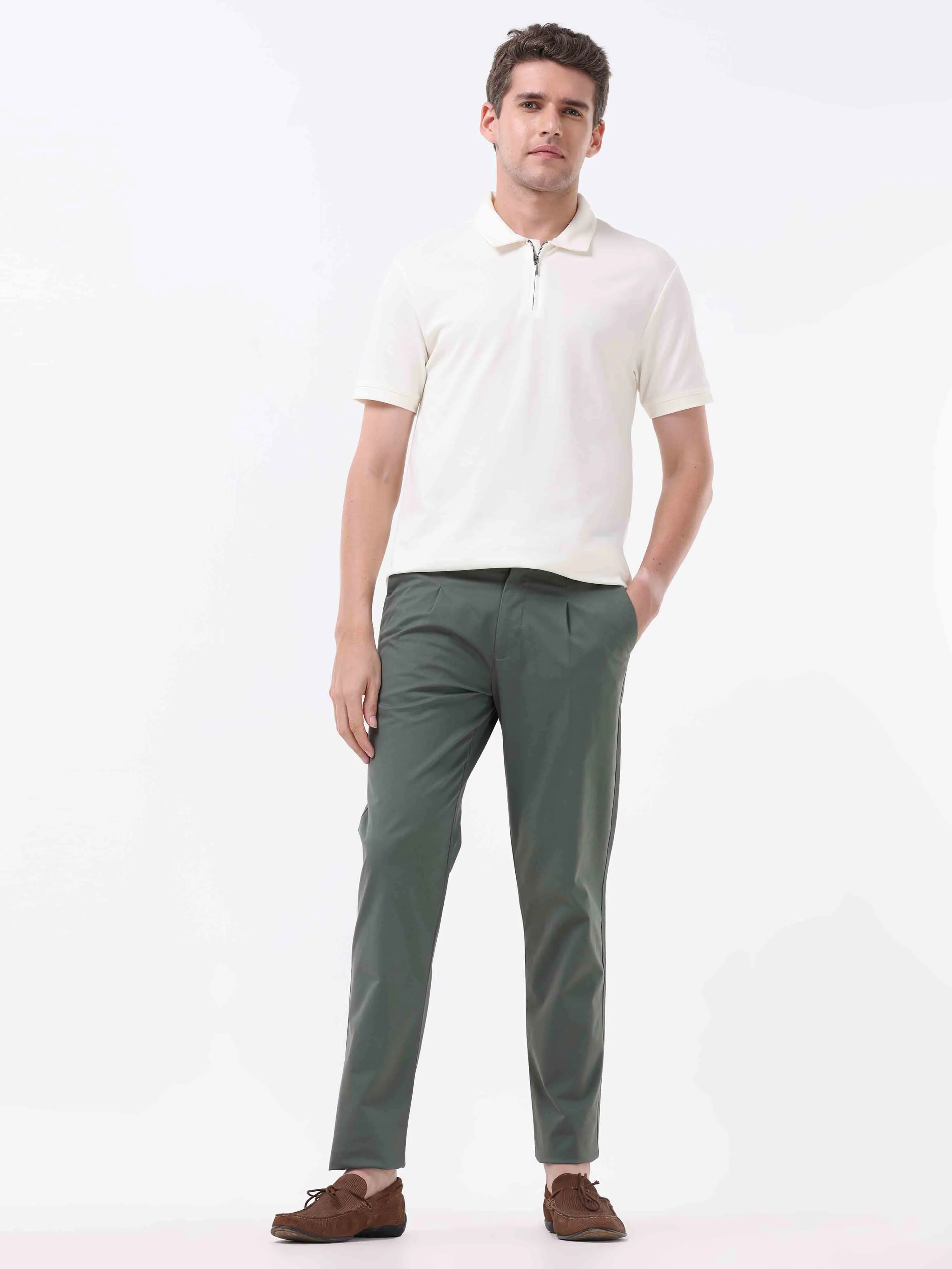 Essential Pleated Olive Fine Twill Pant