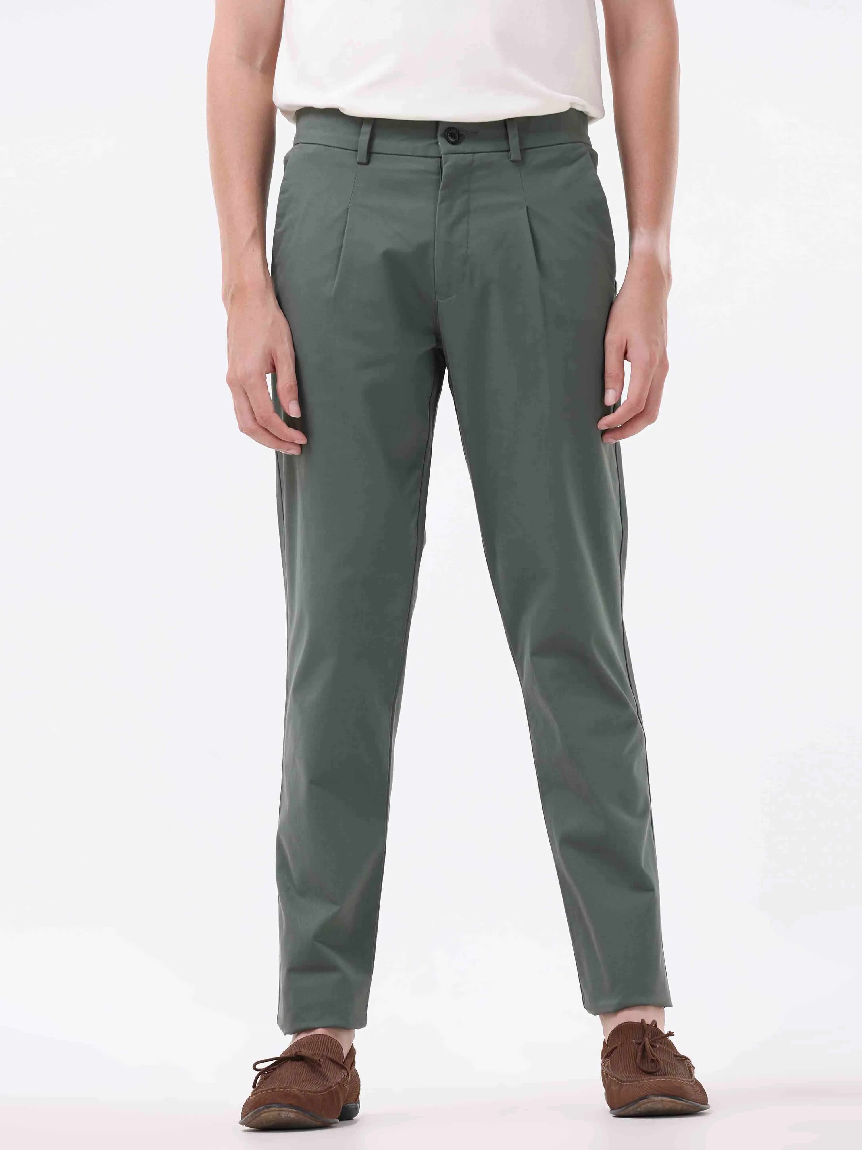 Essential Pleated Olive Fine Twill Pant