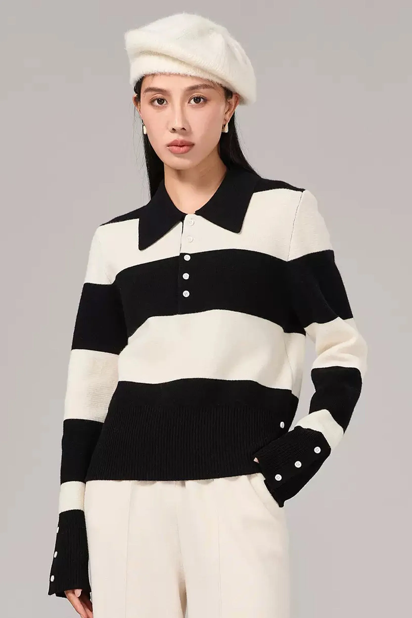 Evadne Striped Merino Wool Polo Knit Sweater