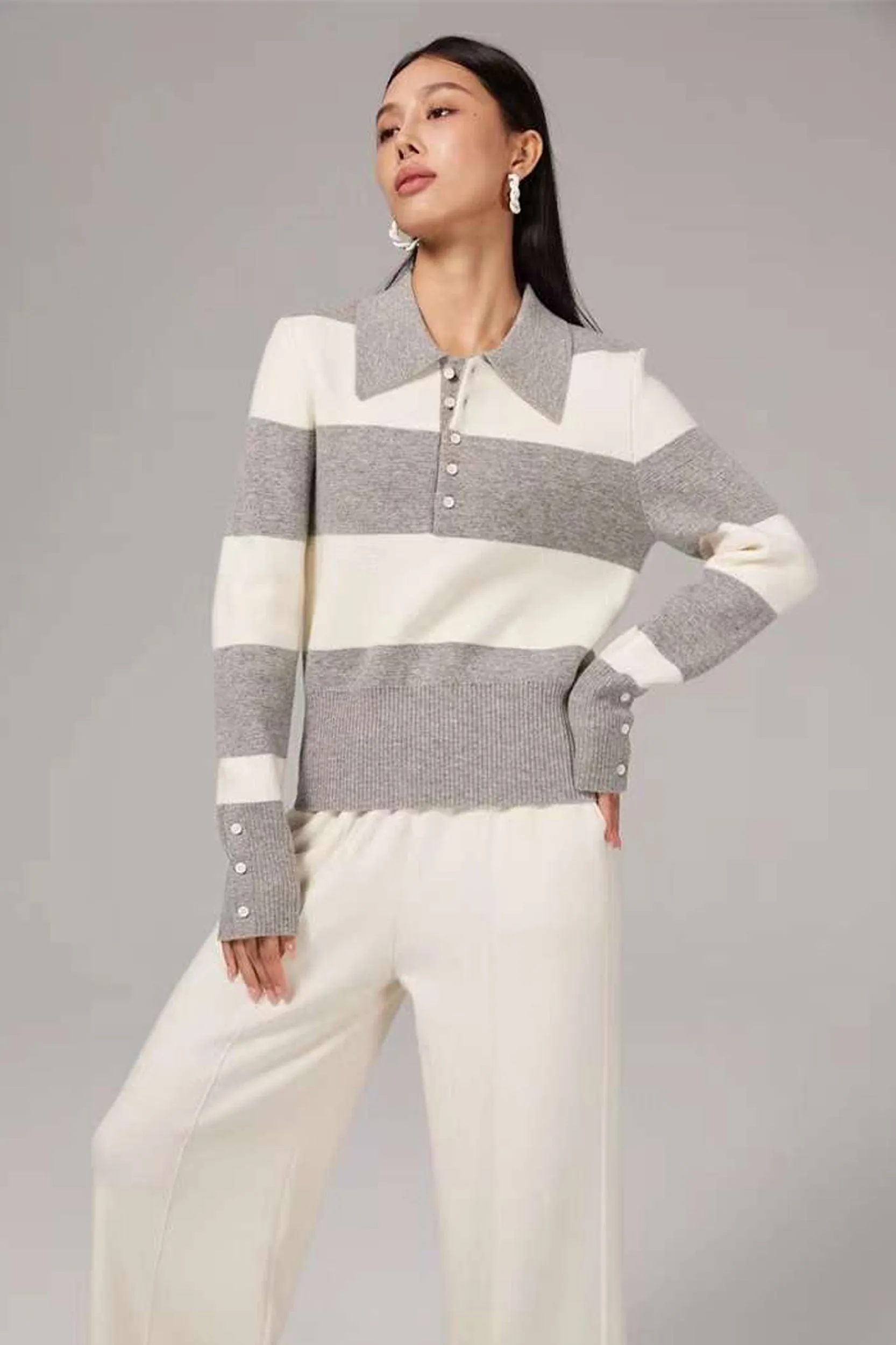 Evadne Striped Merino Wool Polo Knit Sweater