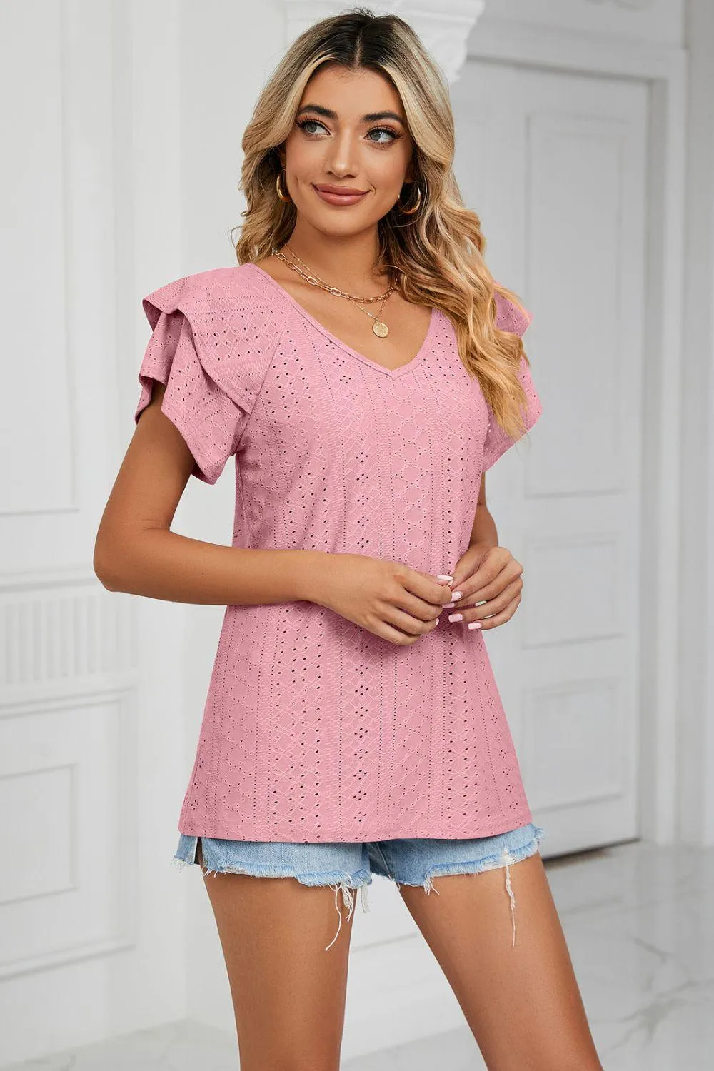 Eyelet Layered Flutter Sleeve V-Neck Knit Top