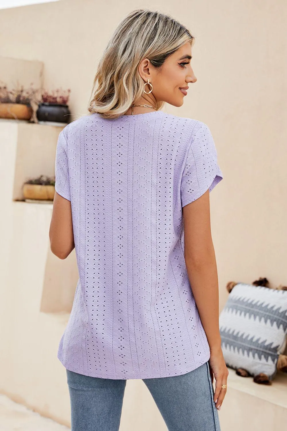 Eyelet Petal Sleeve V-Neck Knit Top