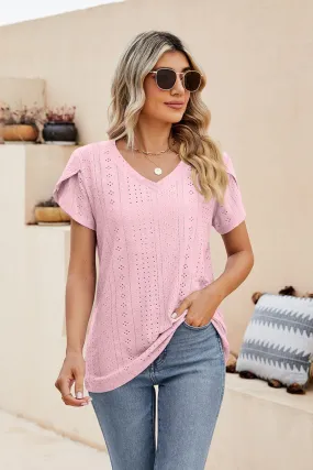 Eyelet Petal Sleeve V-Neck Knit Top