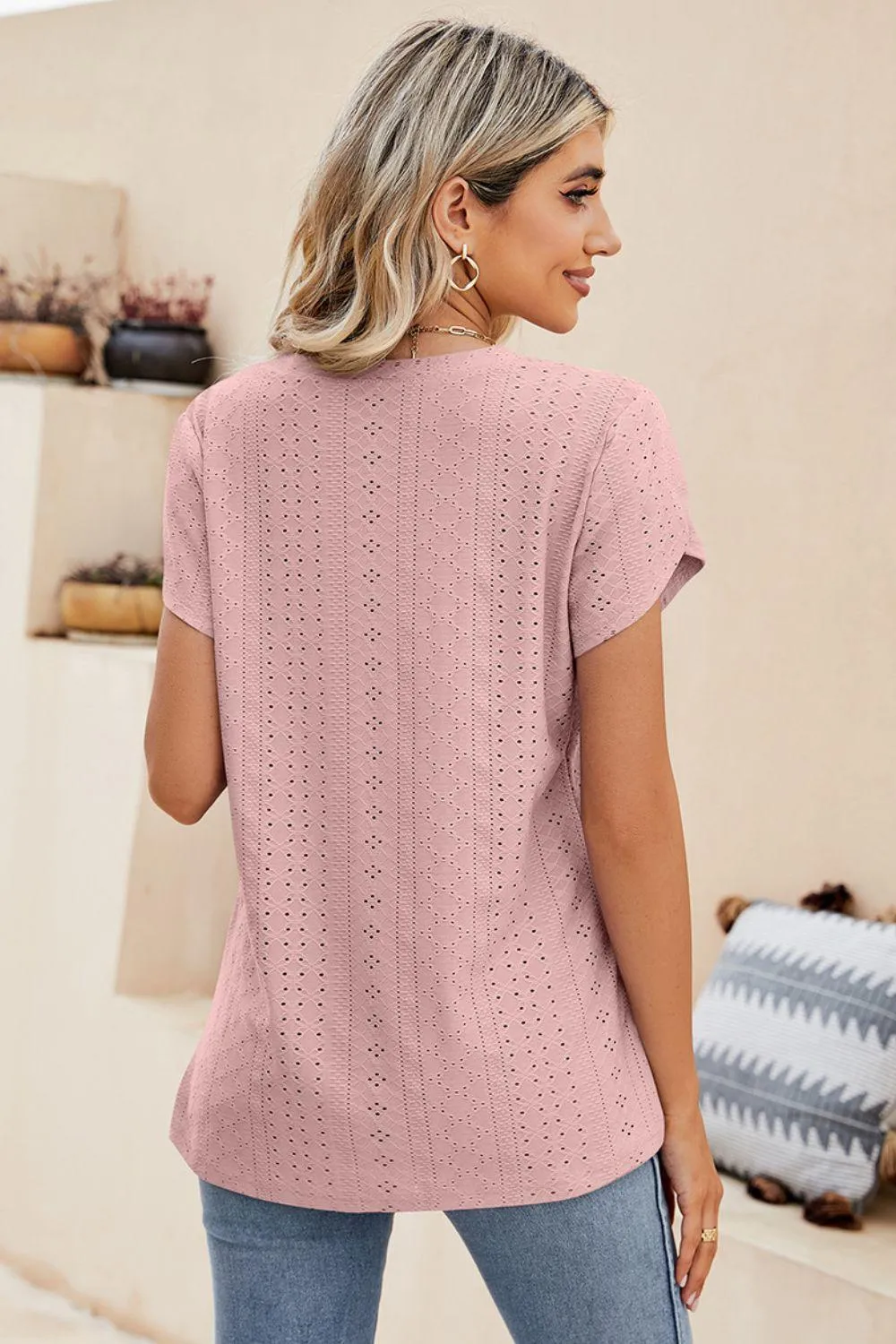 Eyelet Petal Sleeve V-Neck Knit Top