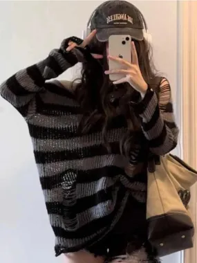 Fashionkova Gothic Streetwear Striped Knitted Sweater Women Harajuku Punk Hollow Out Jumper Hole Loose All-match Tops Grunge E-girl