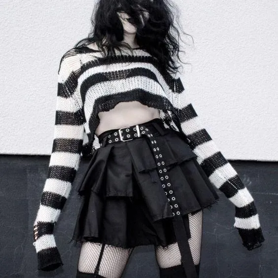 Fashionkova  Gothic Sweater Women Knitted Grunge Striped Pullovers Punk Hollow Out Loose Jumper Goth Alternative Clothing Emo Y2k Top