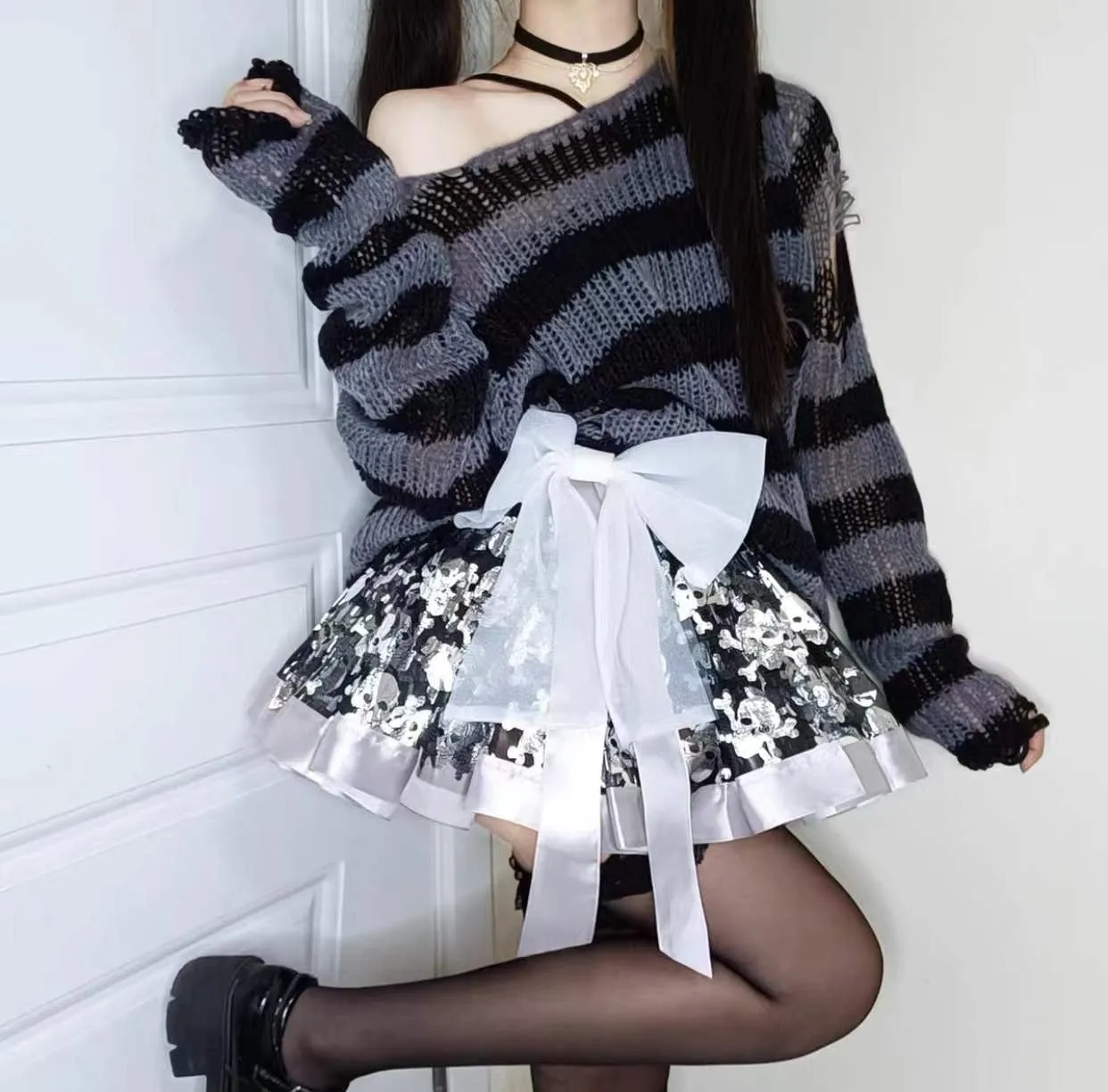 Fashionkova  Gothic Sweater Women Knitted Grunge Striped Pullovers Punk Hollow Out Loose Jumper Goth Alternative Clothing Emo Y2k Top