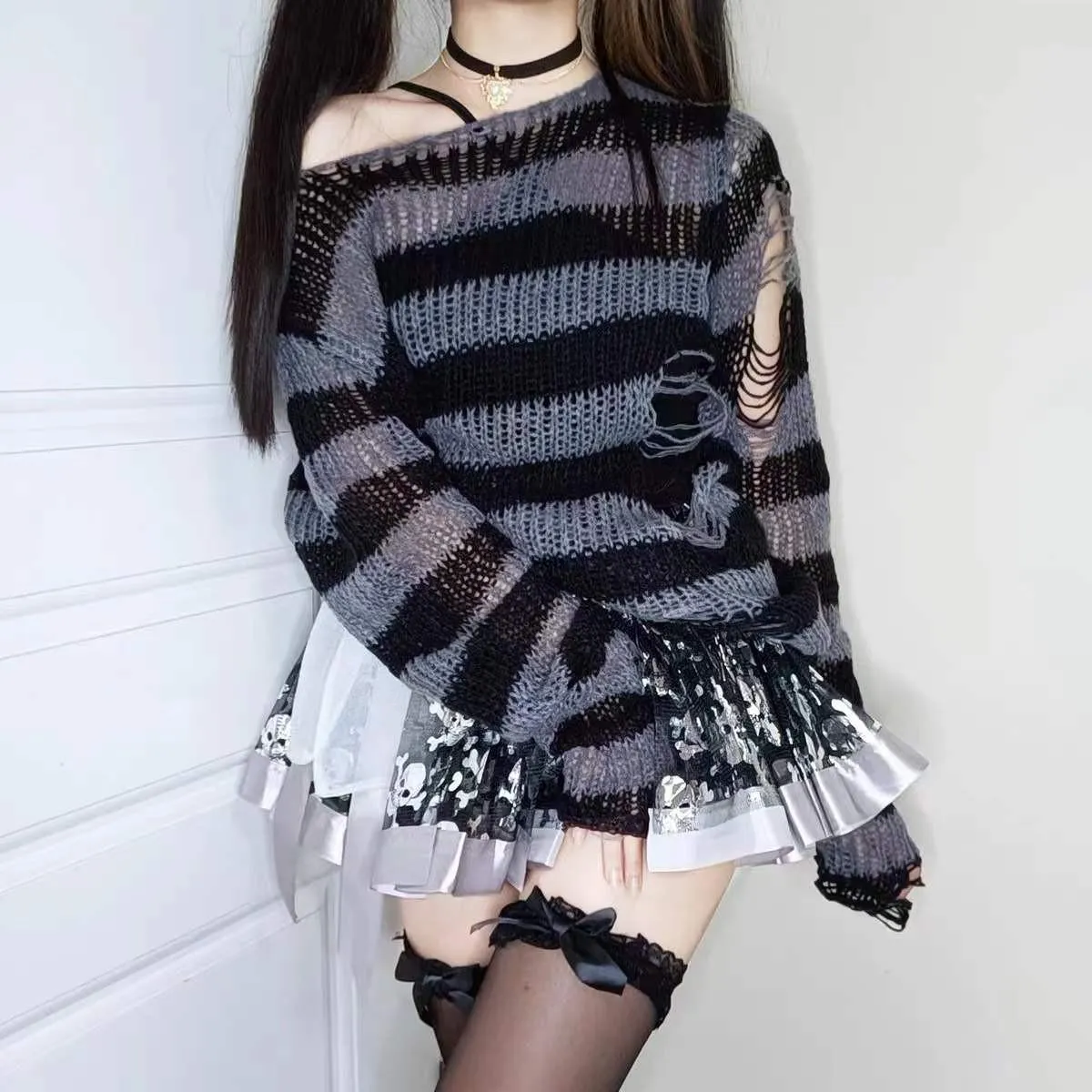 Fashionkova  Gothic Sweater Women Knitted Grunge Striped Pullovers Punk Hollow Out Loose Jumper Goth Alternative Clothing Emo Y2k Top