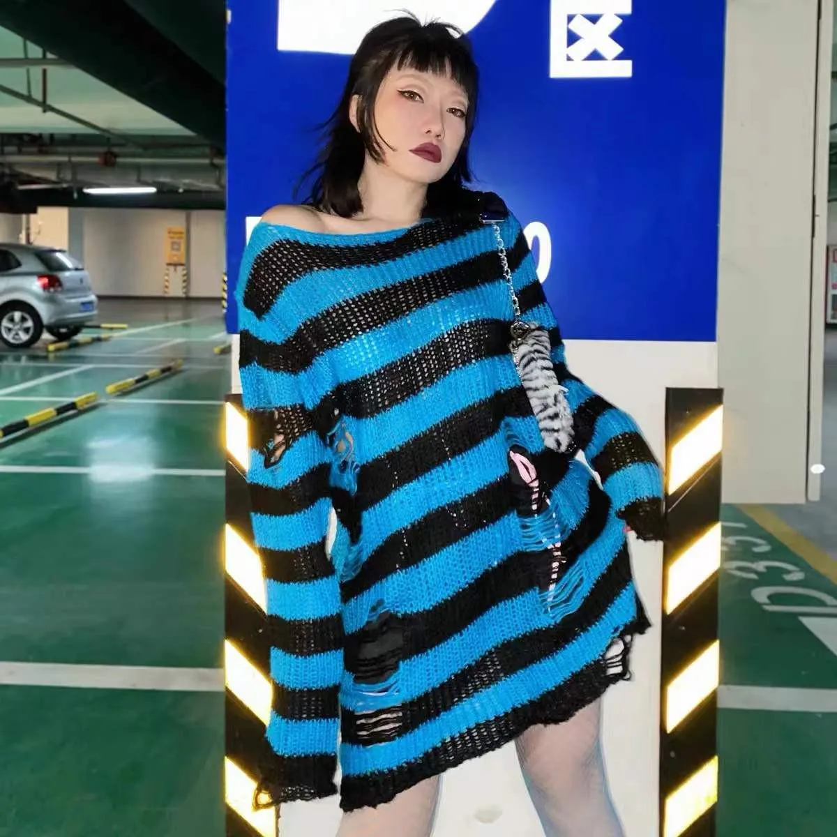 Fashionkova  Gothic Sweater Women Knitted Grunge Striped Pullovers Punk Hollow Out Loose Jumper Goth Alternative Clothing Emo Y2k Top