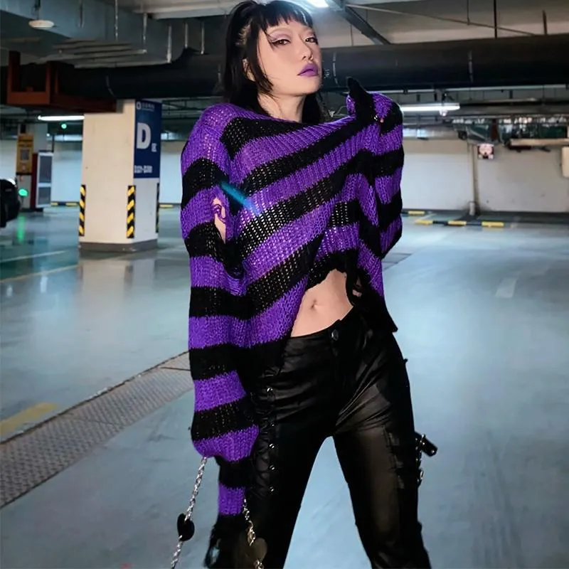 Fashionkova  Gothic Sweater Women Knitted Grunge Striped Pullovers Punk Hollow Out Loose Jumper Goth Alternative Clothing Emo Y2k Top