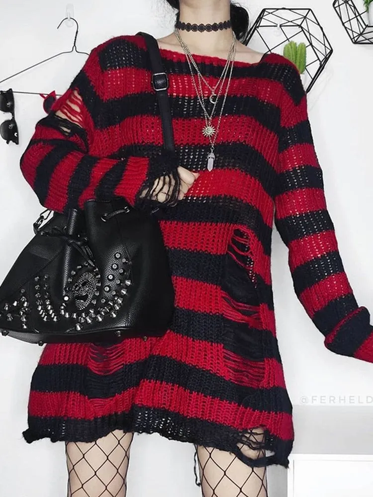 Fashionkova  Grunge Harajuku Striped Knit Sweater Women Y2K Streetwear Hole Broken Jumper Loose Purple Sweaters Punk Gothic Clothes