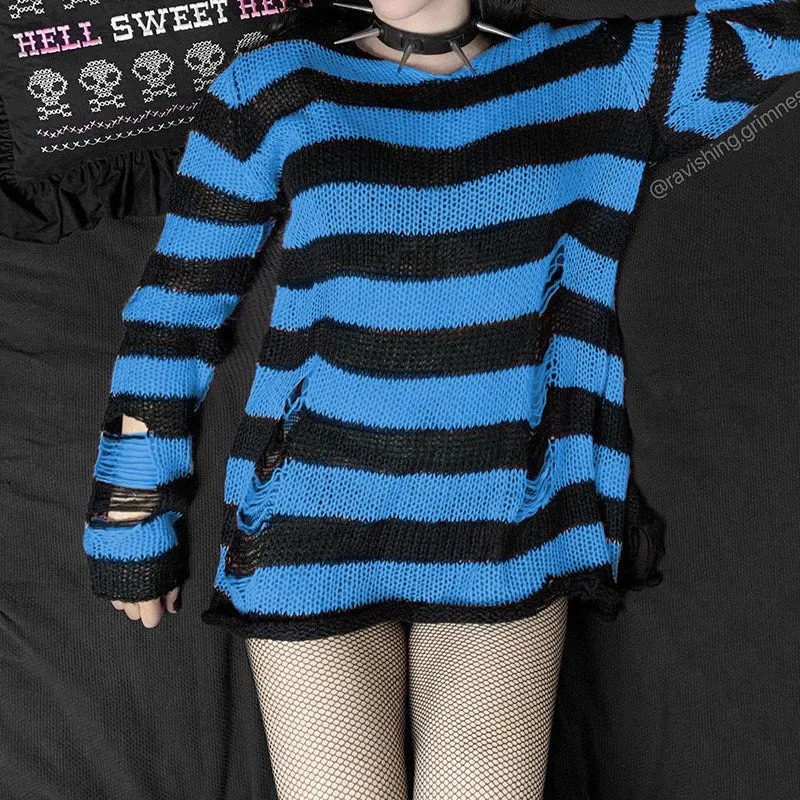 Fashionkova  Grunge Harajuku Striped Knit Sweater Women Y2K Streetwear Hole Broken Jumper Loose Purple Sweaters Punk Gothic Clothes