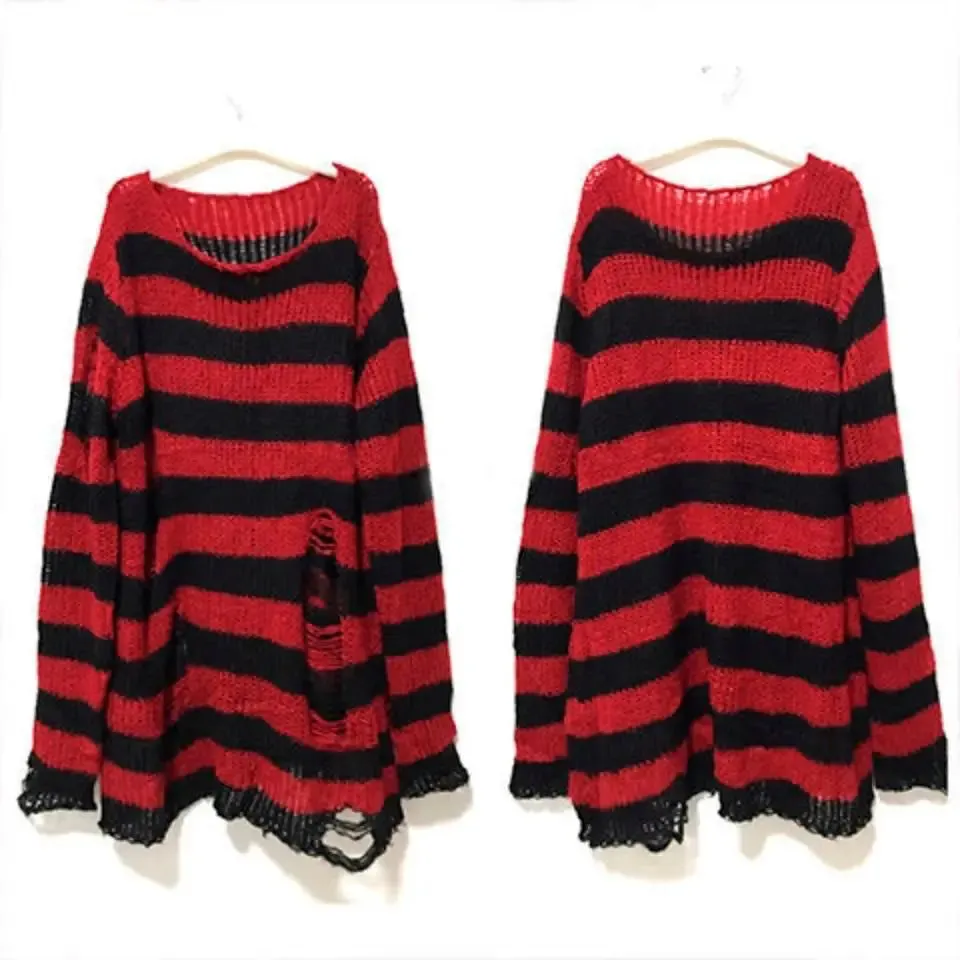 Fashionkova New Goth Punk Gothic Sweater Oversized Pullovers Women Striped Cool Hollow Out Hole Broken Jumper Harajuku Aesthetics Sweater