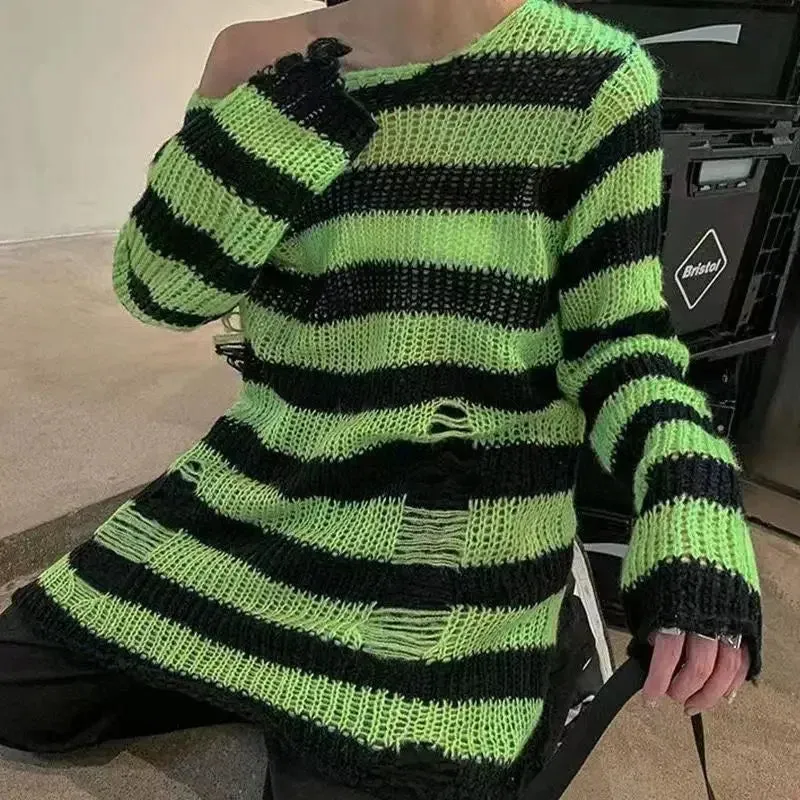 Fashionkova New Goth Punk Gothic Sweater Oversized Pullovers Women Striped Cool Hollow Out Hole Broken Jumper Harajuku Aesthetics Sweater