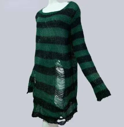 Fashionkova New Goth Punk Gothic Sweater Oversized Pullovers Women Striped Cool Hollow Out Hole Broken Jumper Harajuku Aesthetics Sweater