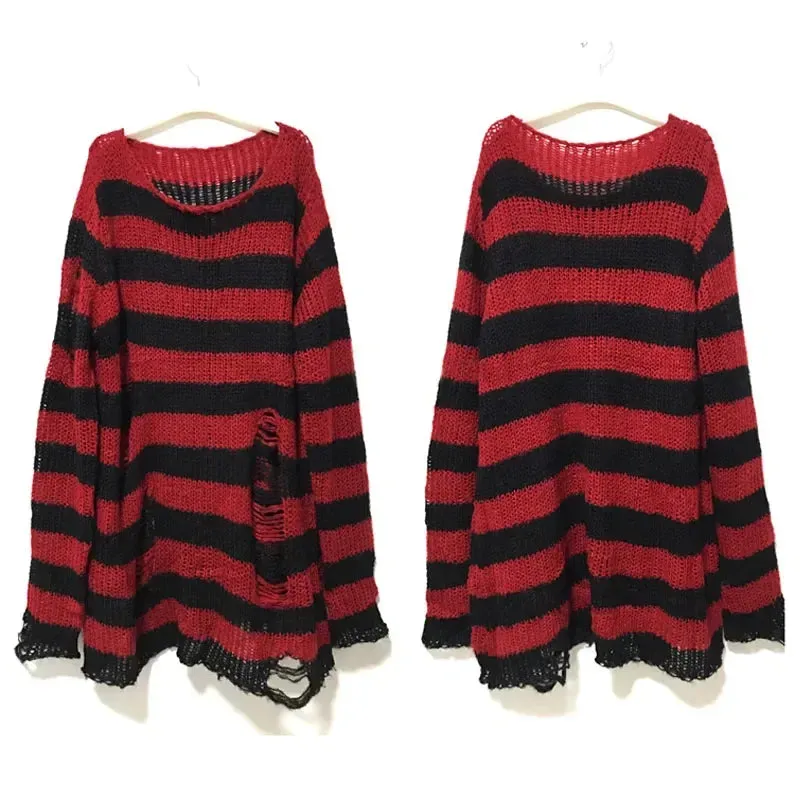 Fashionkova New Goth Punk Gothic Sweater Oversized Pullovers Women Striped Cool Hollow Out Hole Broken Jumper Harajuku Aesthetics Sweater