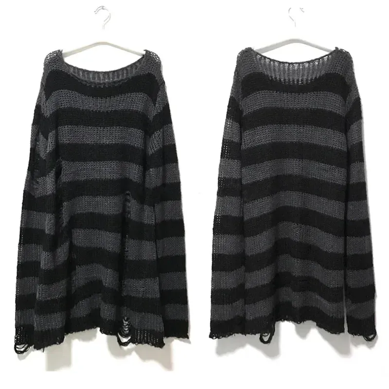 Fashionkova New Goth Punk Gothic Sweater Oversized Pullovers Women Striped Cool Hollow Out Hole Broken Jumper Harajuku Aesthetics Sweater