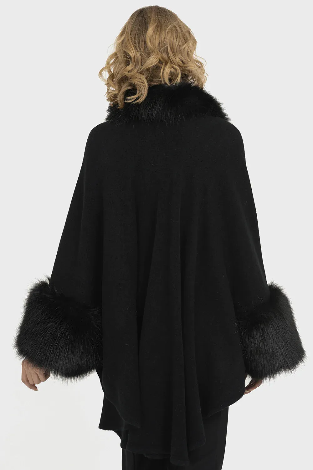 Faux Fur Trim Kimono Knitted Cape with  Autumn Winter Imitation Rabbit Fur Collar Windproof Cloak Boho Style  Fur Collar Shawl Warm Cardigan solid color - Black