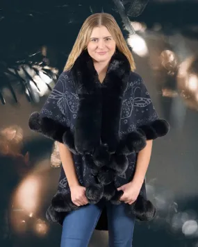 Faux Fur Trim Kimono Knitted Cape with butterfly jacquard pattern Autumn Winter Imitation Rabbit Fur Collar Windproof Cloak Boho Style  Fur Collar Shawl Warm Cardigan - Black