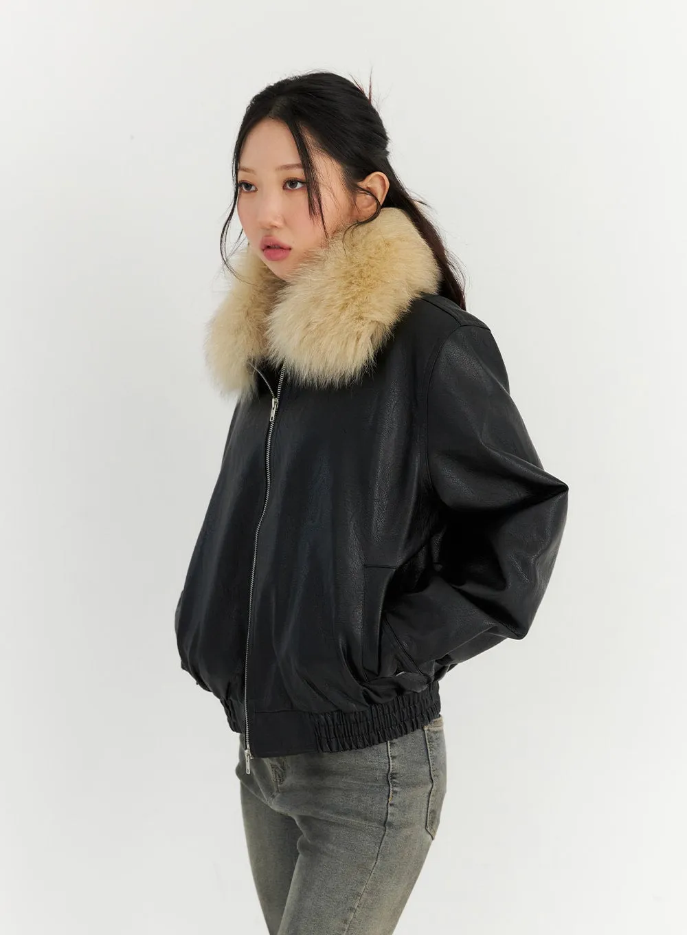 Faux Leather Jacket with Fur Collar CN303