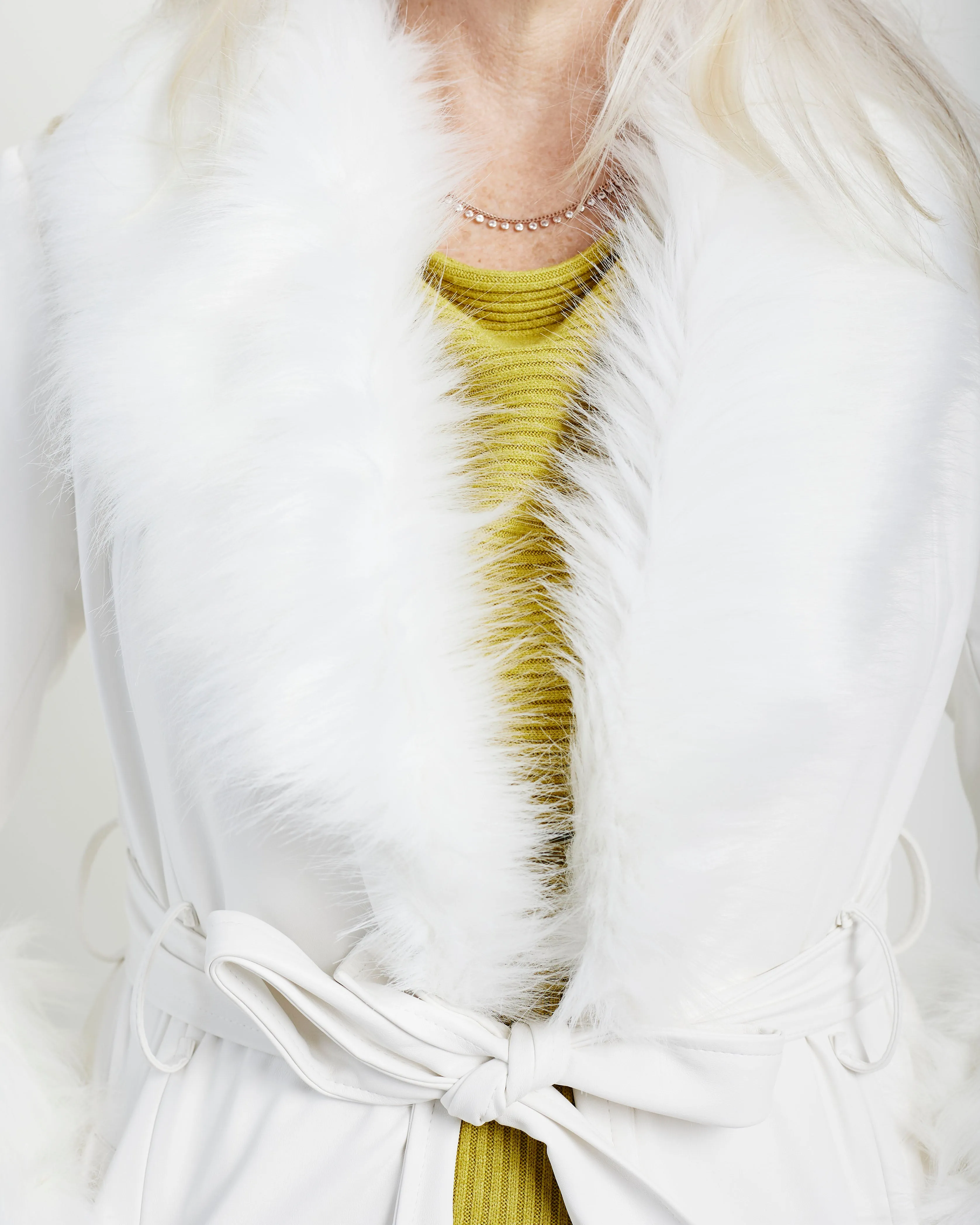 Faux Leather with Fur Collar and Cuff in Cream