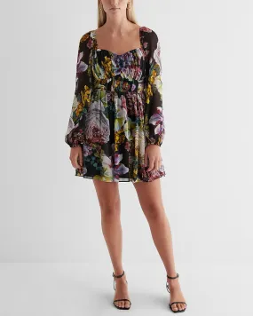 Floral Sweetheart Neckline Long Sleeve Mini Babydoll Dress in Black Print