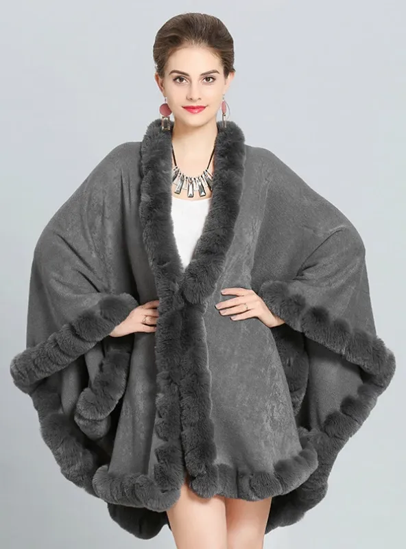 FOX LIKE FUR COLLAR KNITTED CAPE COAT WITH LARGE SHAWL